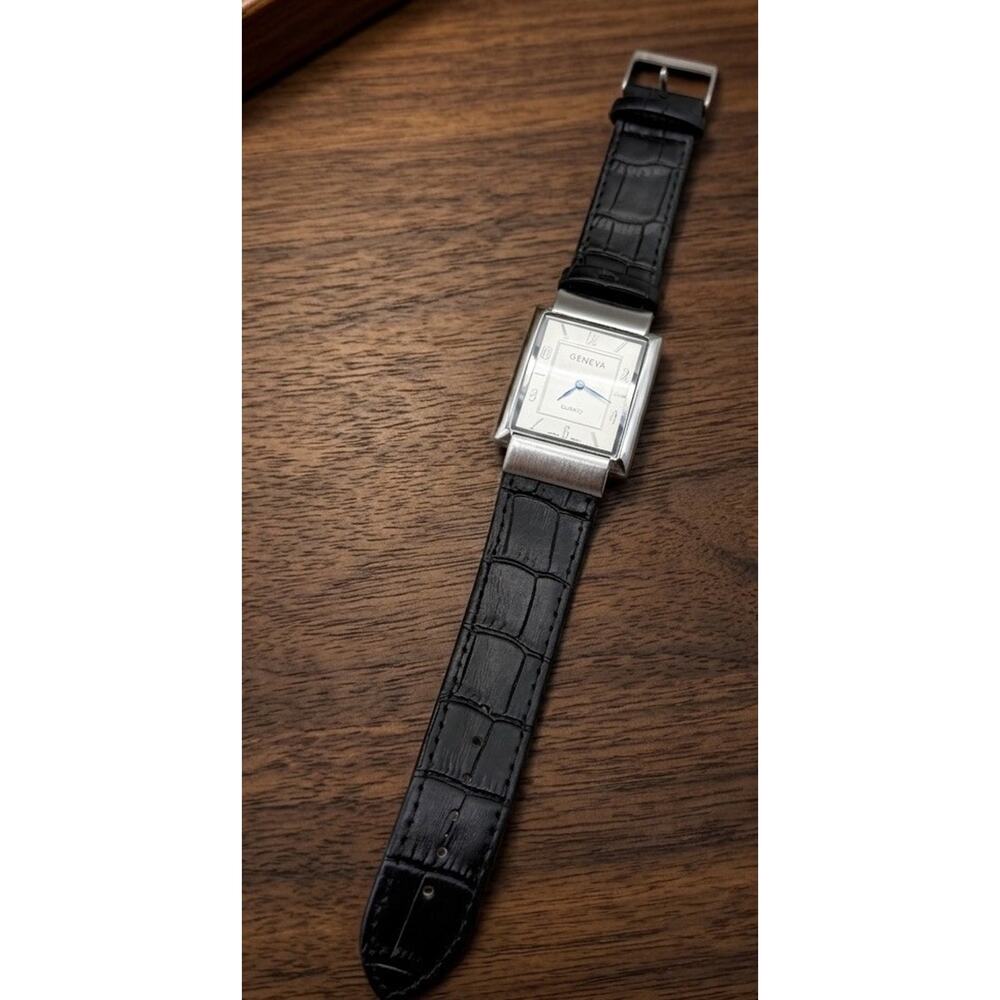 Working Tank Style Geneva Quartz Watch GLW-155 Stainless Steel Leather